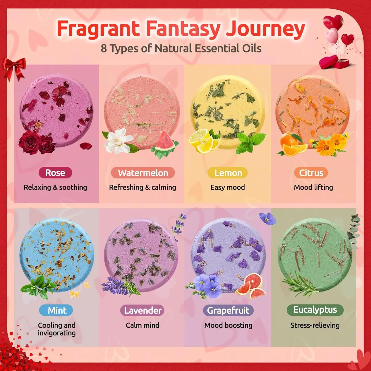 This aromatherapy shower steamer gift set features eight different scented shower bombs made with essential oils and flower petals for a relaxing home spa experience.