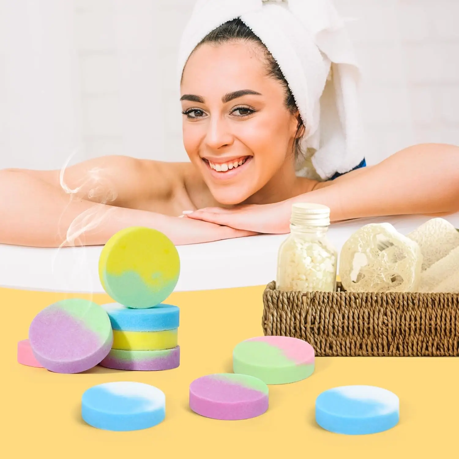 This aromatherapy shower steamers gift set includes 48 two-color shower bombs with natural essential oils like lavender and eucalyptus, perfect for relaxation and stress relief in a luxury home spa experience.
