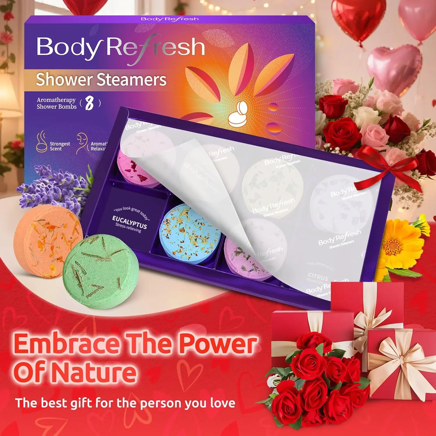 This aromatherapy shower steamer gift set features eight different scented shower bombs made with essential oils and flower petals for a relaxing home spa experience.