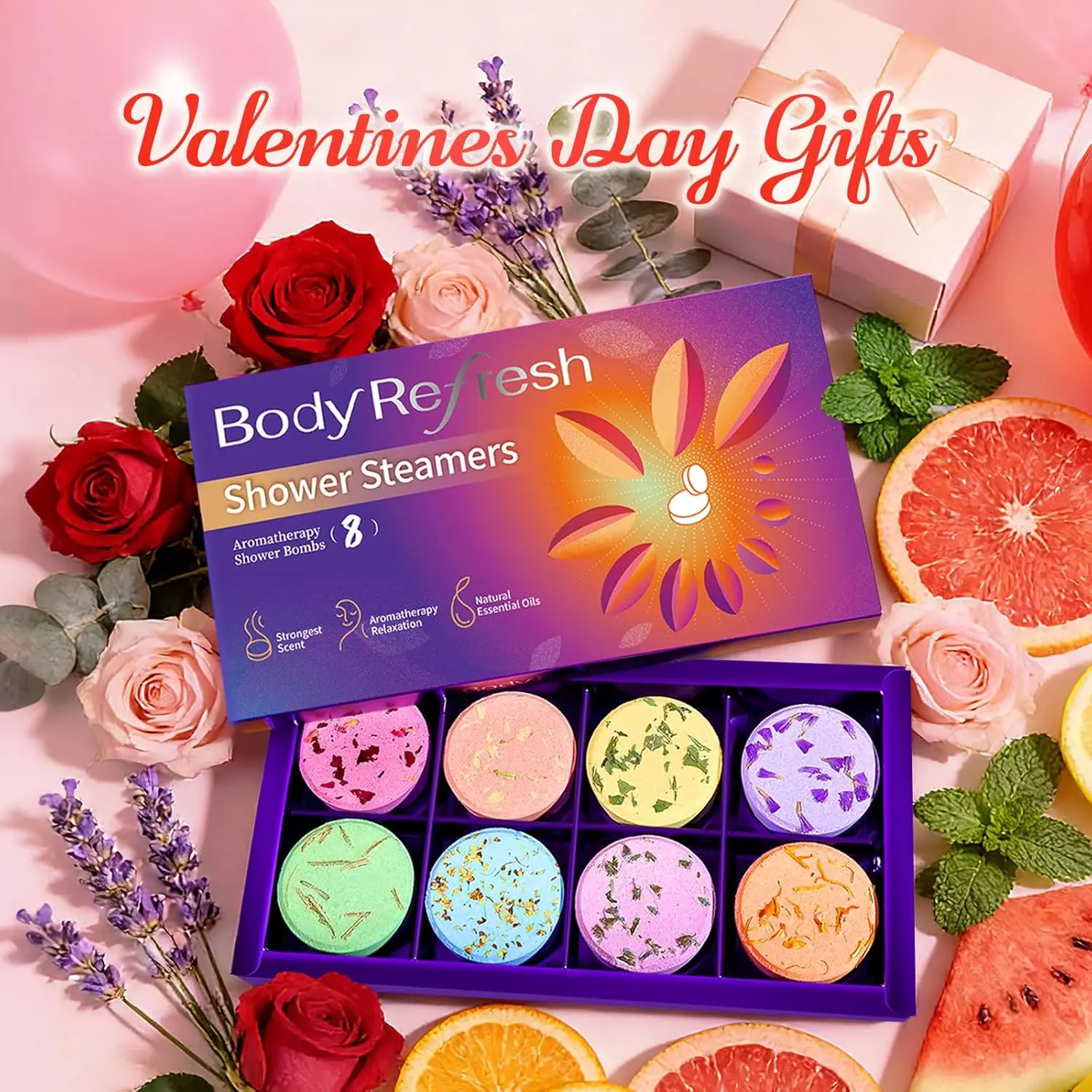 This aromatherapy shower steamer gift set features eight different scented shower bombs made with essential oils and flower petals for a relaxing home spa experience.