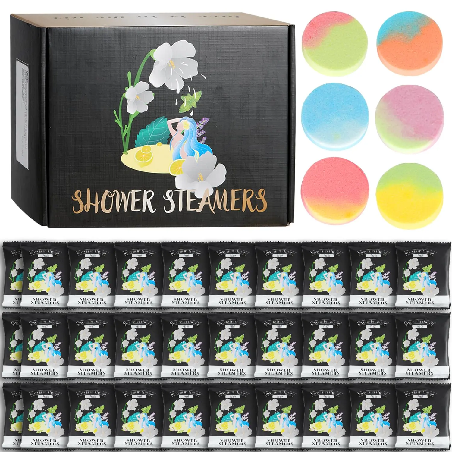 This aromatherapy shower steamers gift set includes 48 two-color shower bombs with natural essential oils like lavender and eucalyptus, perfect for relaxation and stress relief in a luxury home spa experience.