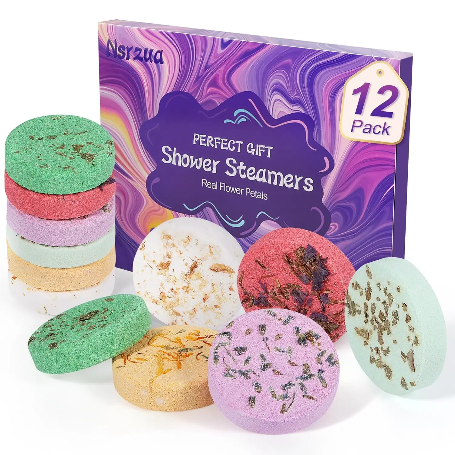 This beautifully packaged aromatherapy shower steamers gift set for women includes 12 shower bombs with six different fragrances for stress relief and relaxation, perfect for birthdays, Mother's Day, or a spa day at home.