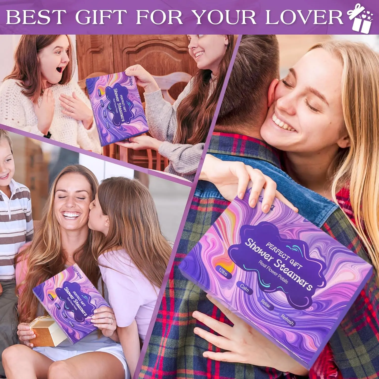 This beautifully packaged aromatherapy shower steamers gift set for women includes 12 shower bombs with six different fragrances for stress relief and relaxation, perfect for birthdays, Mother's Day, or a spa day at home.