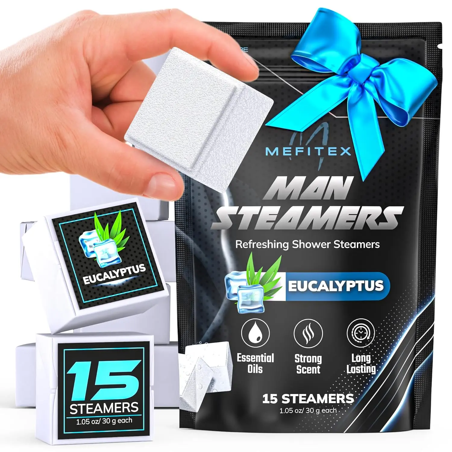 Pack of 15 eucalyptus shower steamers for men provides stress relief and relaxation with menthol aromatherapy in a luxurious at-home spa experience.