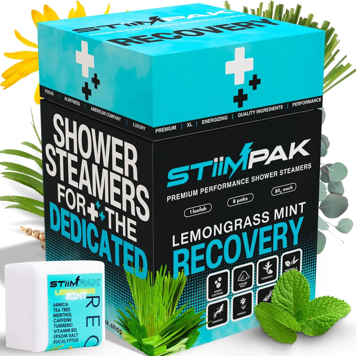 STiiMPAK Recovery extra-strength shower steamers with eucalyptus, tea tree, turmeric, arnica, and menthol provide natural sinus relief and ease body aches for a rejuvenating aromatherapy experience.
