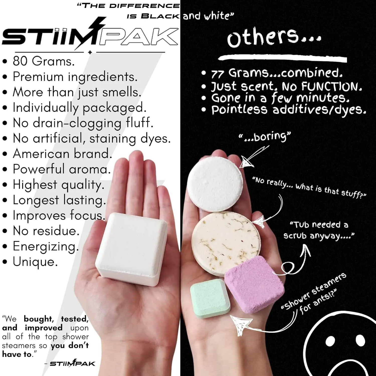 STiiMPAK Recovery extra-strength shower steamers with eucalyptus, tea tree, turmeric, arnica, and menthol provide natural sinus relief and ease body aches for a rejuvenating aromatherapy experience.