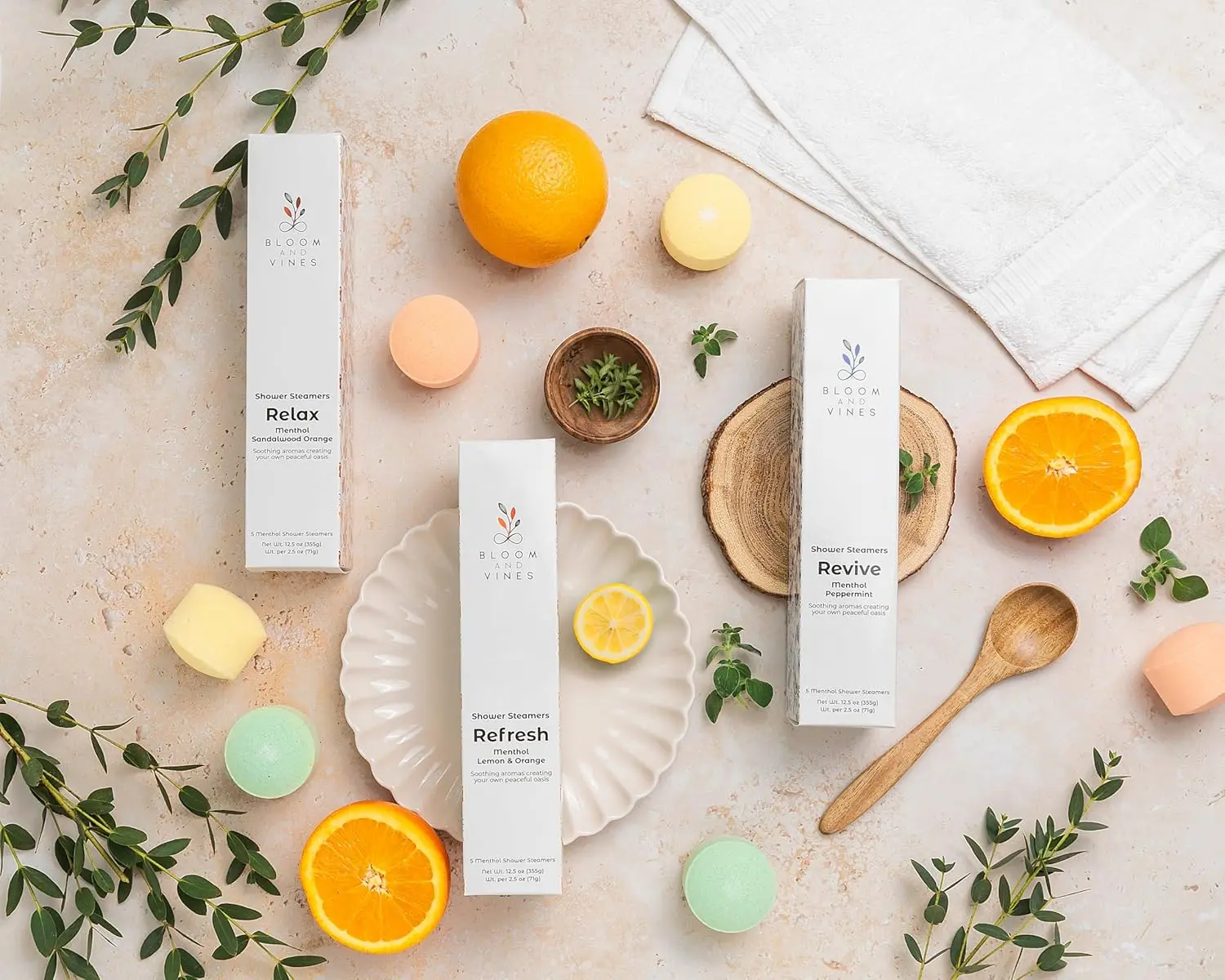 Aromatherapy shower steamers with menthol and peppermint essential oils, providing a spa-like experience to reduce stress and lift your mood.