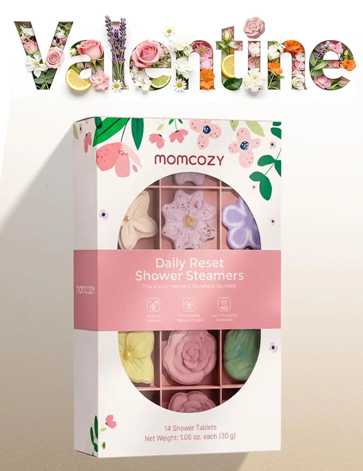 A 14-pack of Momcozy shower steamers with 7 unique floral scents offers a relaxing aromatherapy spa experience in your daily shower, perfect as a Valentine's Day gift for her.