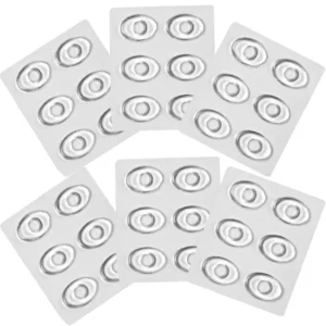 Six sheets of 36 clear, round silicone cushion pads designed to protect bunions and ease pain caused by friction with shoes.