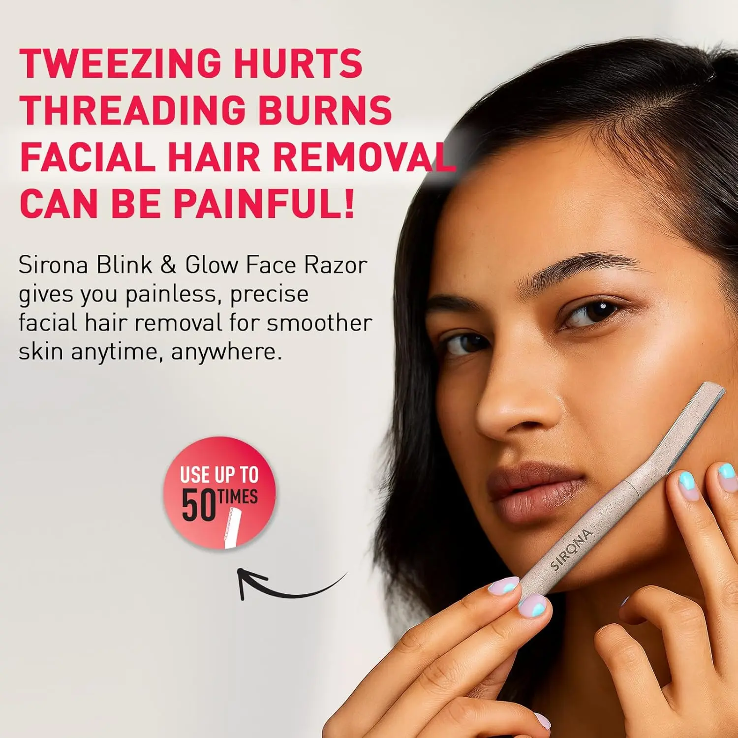 Sirona Blink Razor for women removes facial hair, shapes eyebrows, and exfoliates skin, leaving a natural glow.