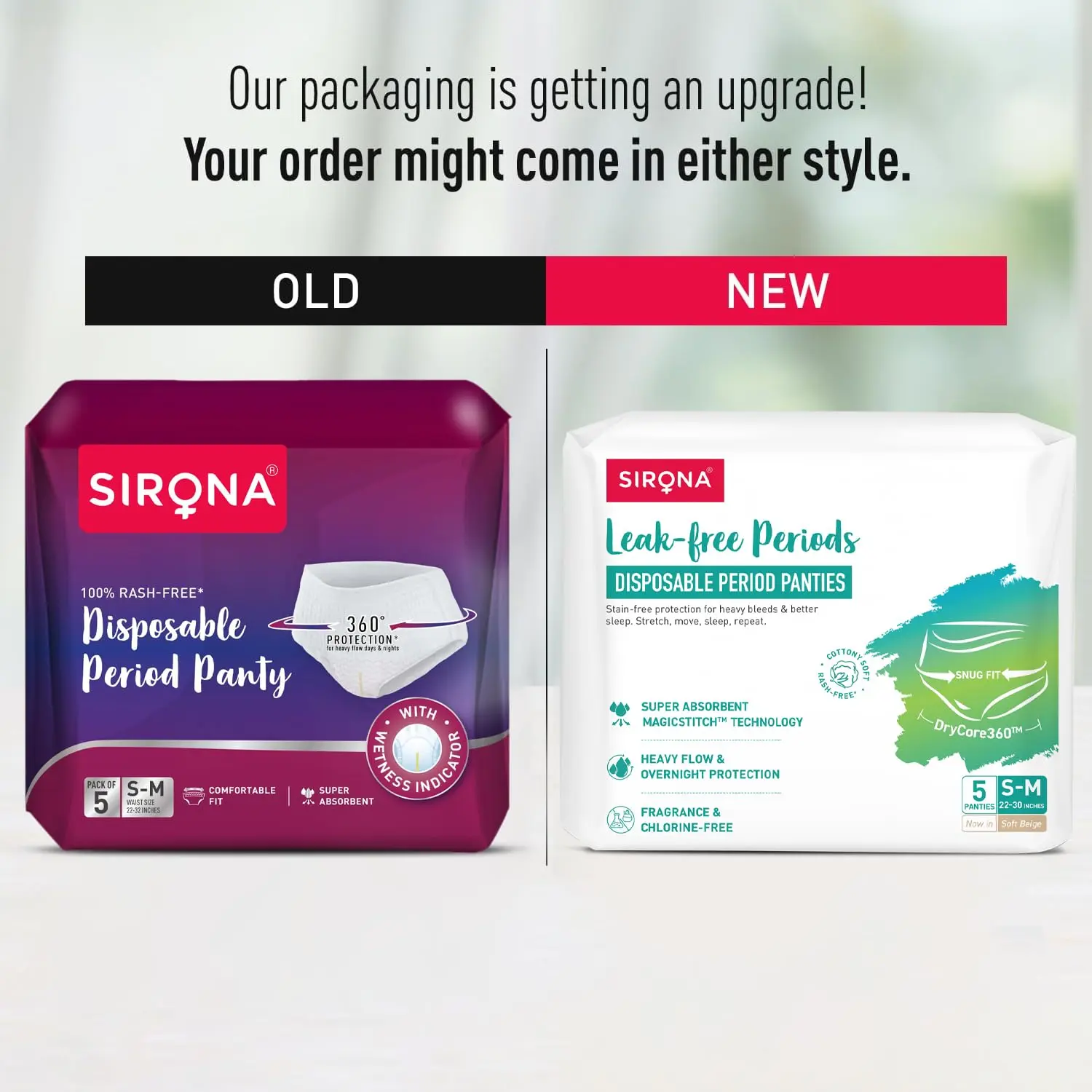 Sirona disposable period panties for women offer 360-degree sanitary protection with super absorbent microbeads for four times more flow absorption, ensuring no leakage and stress-free comfort.