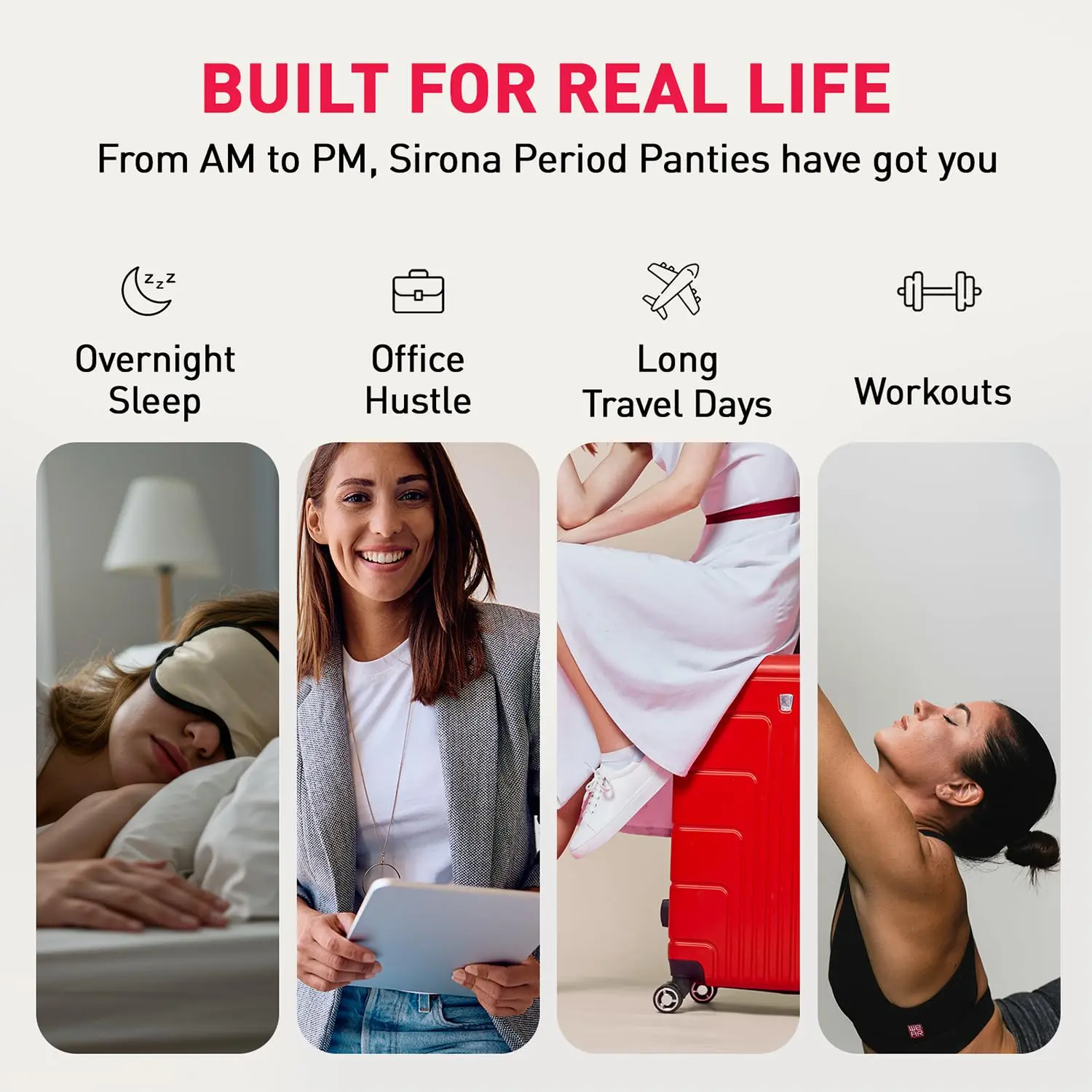 Sirona disposable period panties for women offer 360-degree sanitary protection with super absorbent microbeads for four times more flow absorption, ensuring no leakage and stress-free comfort.