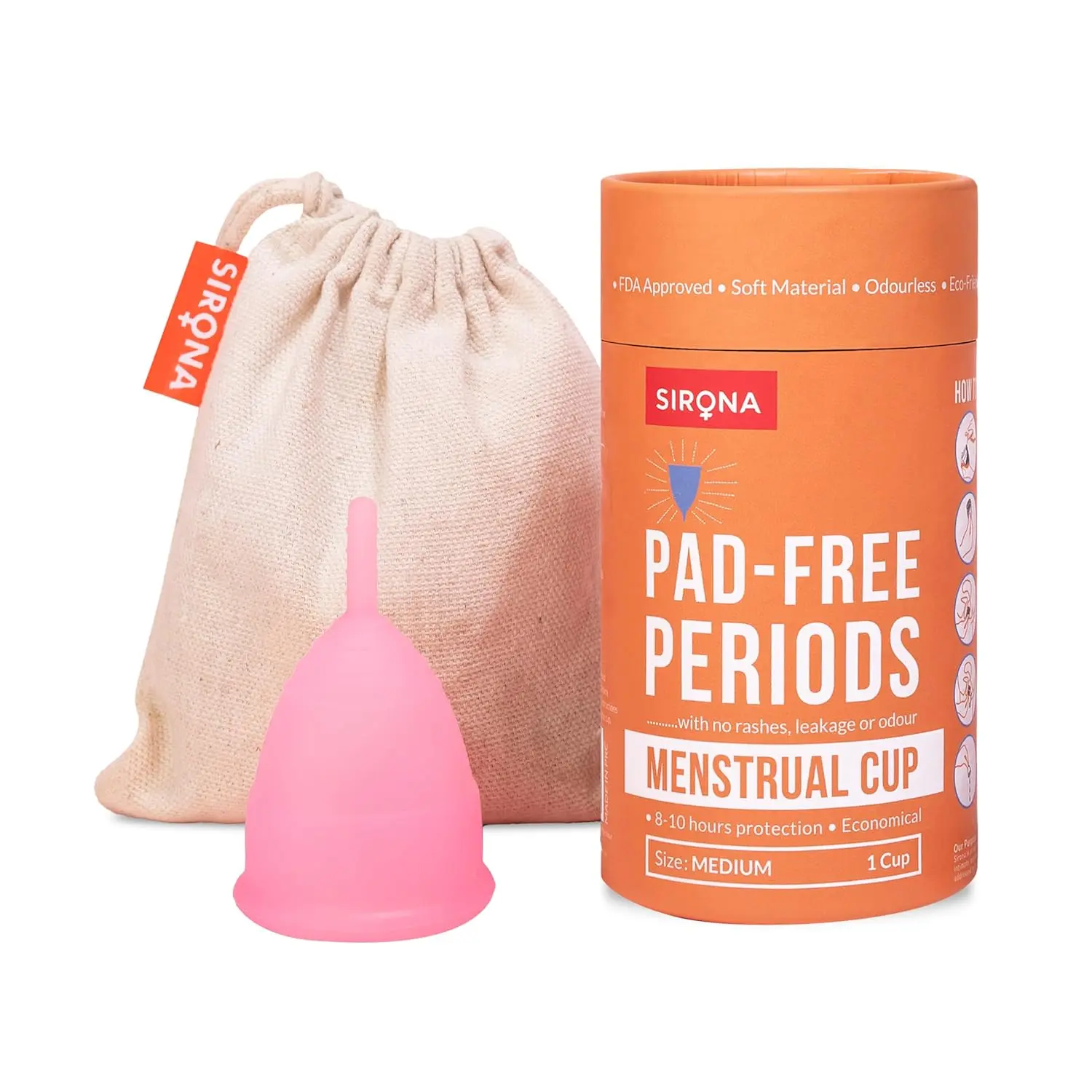 Sirona menstrual cup is a reusable, soft, and flexible period cup made from medical-grade silicone, providing 12-hour leak-proof protection and a comfortable, eco-friendly alternative to pads and tampons.