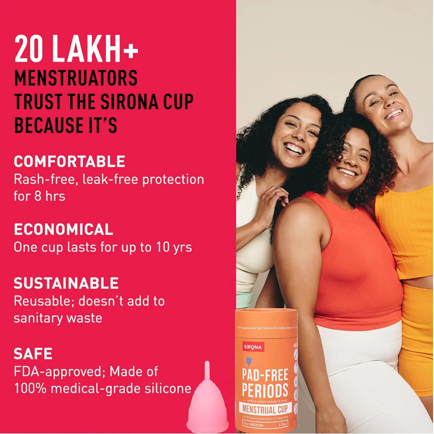 Sirona menstrual cup is a reusable, soft, and flexible period cup made from medical-grade silicone, providing 12-hour leak-proof protection and a comfortable, eco-friendly alternative to pads and tampons.