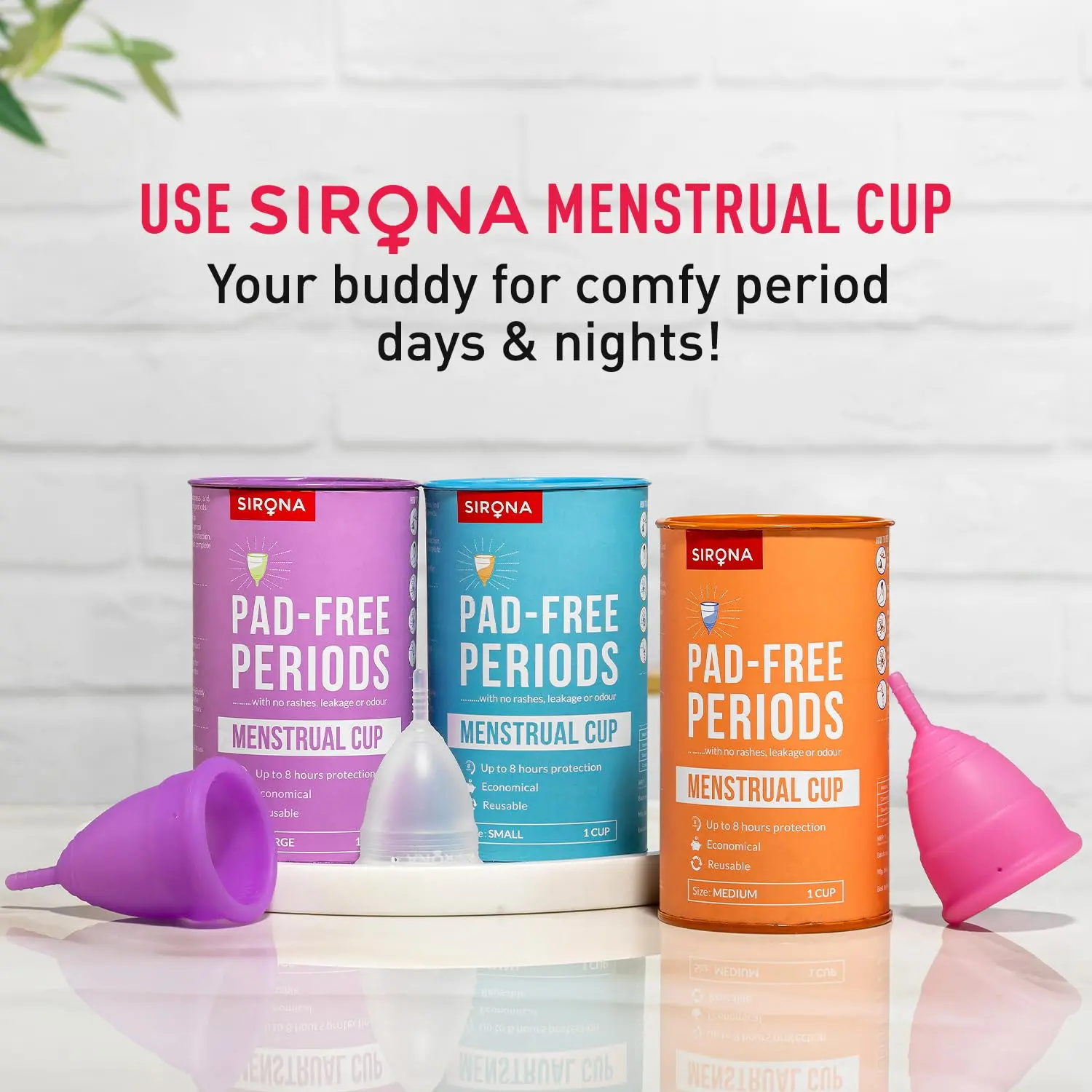 Sirona menstrual cup is a large, reusable period cup made of soft, flexible, medical-grade silicone for up to 12 hours of leak-proof protection, saving money and reducing environmental impact.