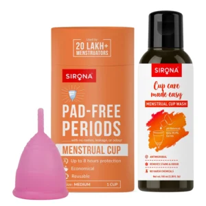 This image shows a Sirona reusable medium menstrual cup designed for comfortable, leak-free period protection for women aged 25 and under.