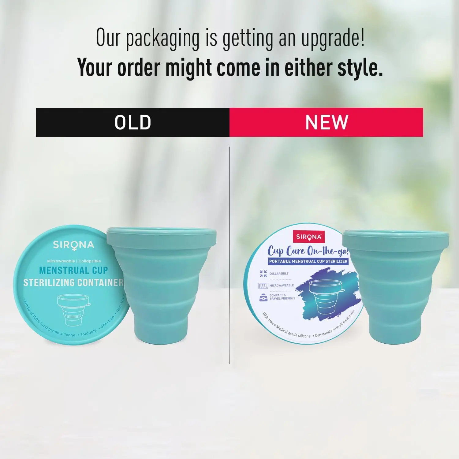 Foldable Sirona menstrual cup sterilizing container made of food-grade silicone for quick and easy microwave sterilization of menstrual cups, killing 99% of germs.