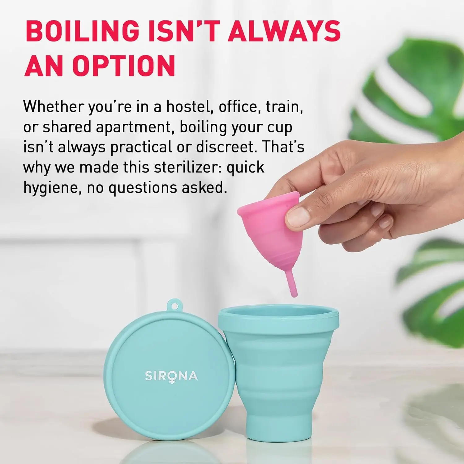 Foldable Sirona menstrual cup sterilizing container made of food-grade silicone for quick and easy microwave sterilization of menstrual cups, killing 99% of germs.
