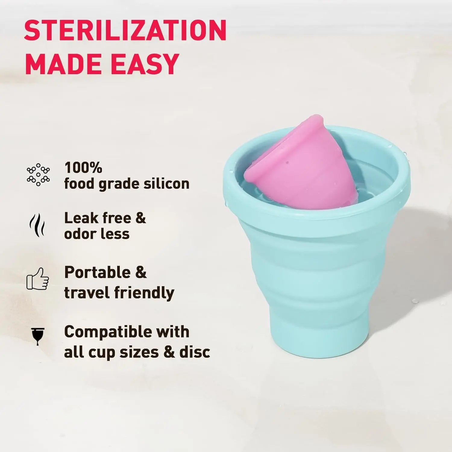 Foldable Sirona menstrual cup sterilizing container made of food-grade silicone for quick and easy microwave sterilization of menstrual cups, killing 99% of germs.