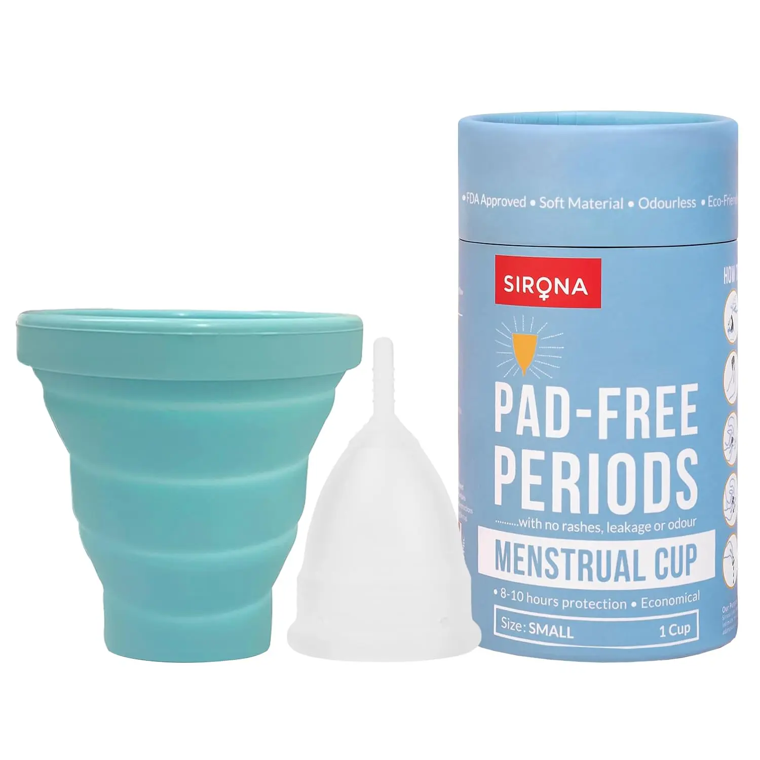 Sirona menstrual cup sterilizing container is made from food-grade silicone, is collapsible, and microwave-friendly for quick sterilization.