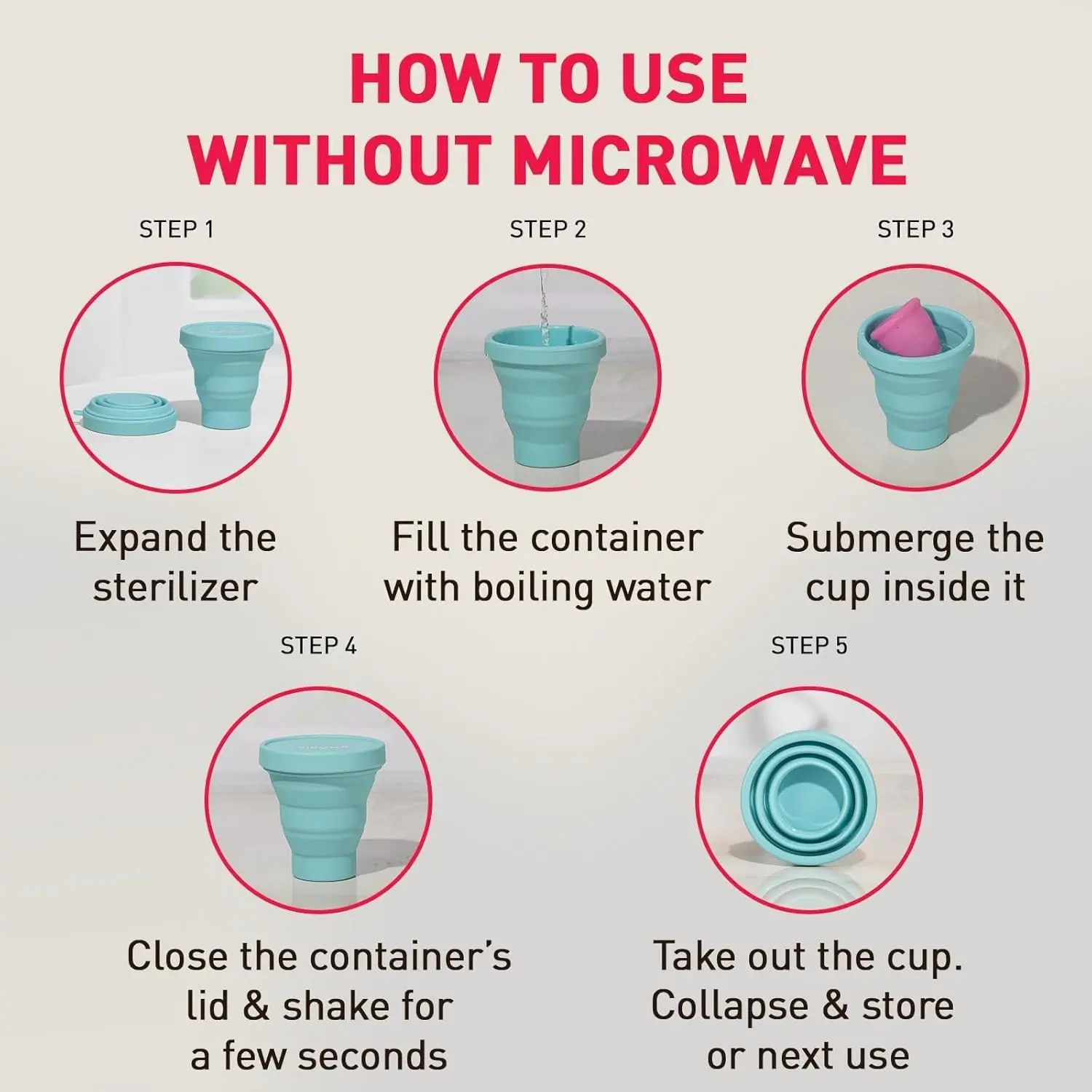 Sirona menstrual cup sterilizing container is made from food-grade silicone, is collapsible, and microwave-friendly for quick sterilization.