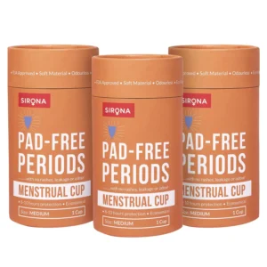 This image shows a pack of three medium-sized Sirona menstrual cups, made from ultra-soft, medical-grade silicone, designed for women aged 25-35 who have given birth and experience usual to heavy flow, offering rash-free, odor-free, and leak-proof period protection for up to 10 years with proper care.