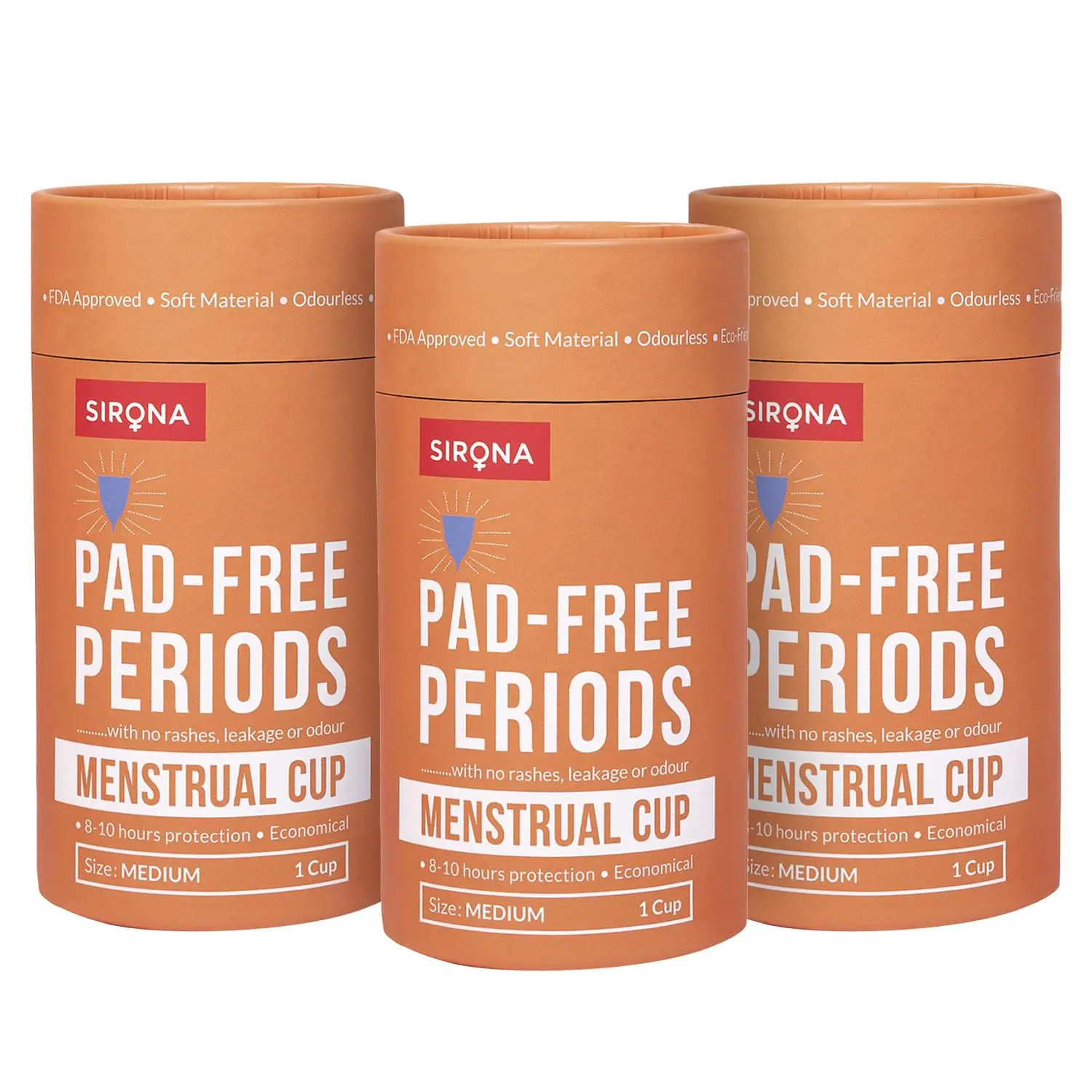 This image shows a pack of three medium-sized Sirona menstrual cups, made from ultra-soft, medical-grade silicone, designed for women aged 25-35 who have given birth and experience usual to heavy flow, offering rash-free, odor-free, and leak-proof period protection for up to 10 years with proper care.