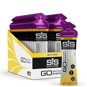 A pack of thirty Science In Sport GO Isotonic Energy Gels in blackcurrant flavor provides runners with a low sugar and easily digestible carbohydrate boost.
