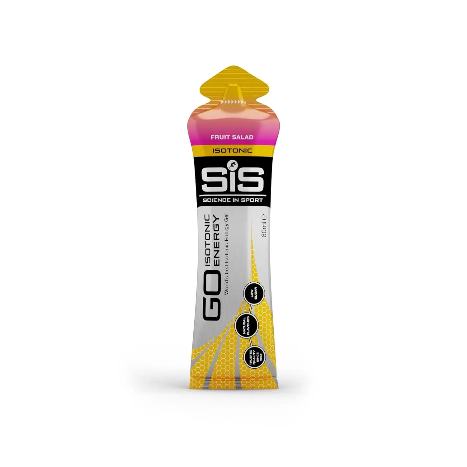 Science In Sport Go Isotonic Energy Gels in Fruit Salad flavor provide 22g of easily digestible carbohydrates for sustained endurance performance.