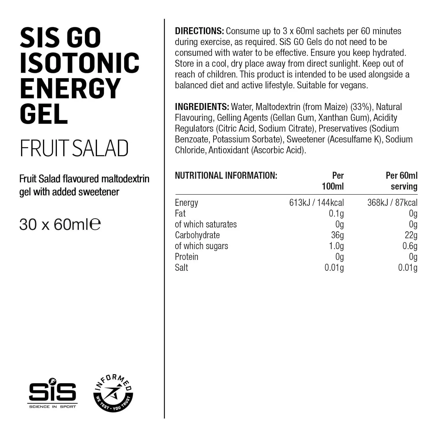 Science In Sport Go Isotonic Energy Gels in Fruit Salad flavor provide 22g of easily digestible carbohydrates for sustained endurance performance.