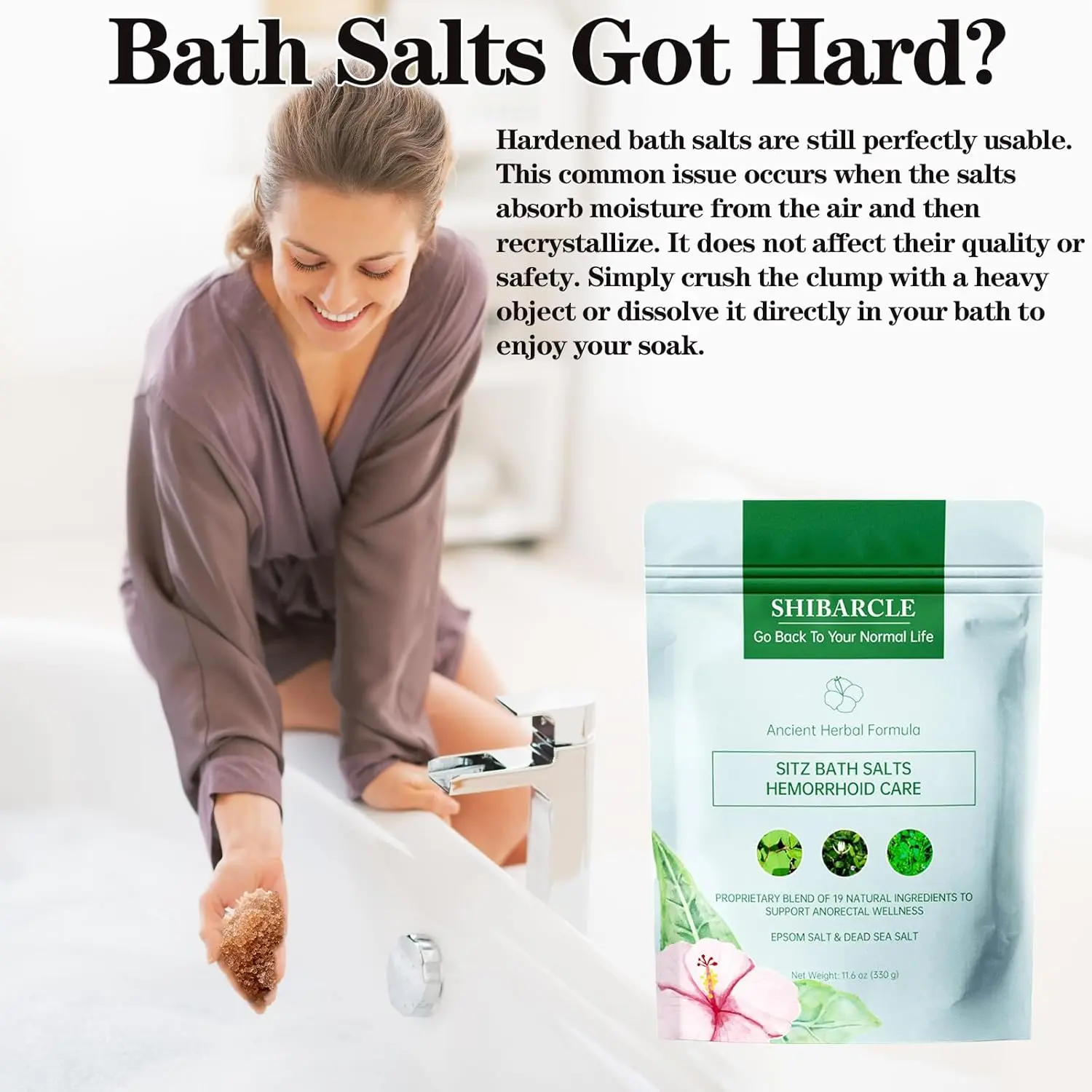 All natural sitz bath soak with Epsom and Dead Sea salts, plus 19 herbal ingredients and essential oils, provides soothing relief for hemorrhoids.