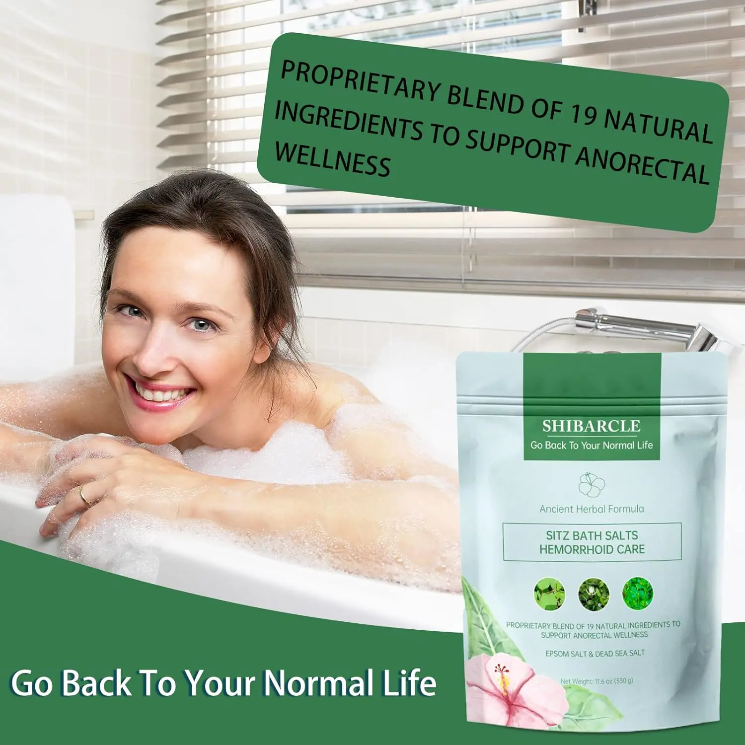 All natural sitz bath soak with Epsom and Dead Sea salts, plus 19 herbal ingredients and essential oils, provides soothing relief for hemorrhoids.