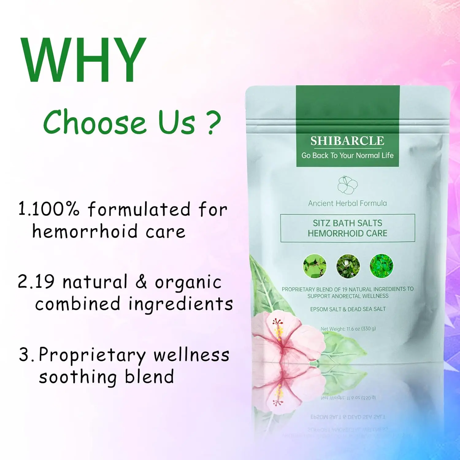 All natural sitz bath soak with Epsom and Dead Sea salts, plus 19 herbal ingredients and essential oils, provides soothing relief for hemorrhoids.