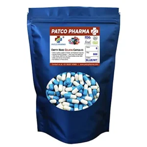 A pack of 500 size 0 empty gelatin capsules in a two-tone sky blue and white color, ready for filling with approximately 500-650 mg of your own powder.