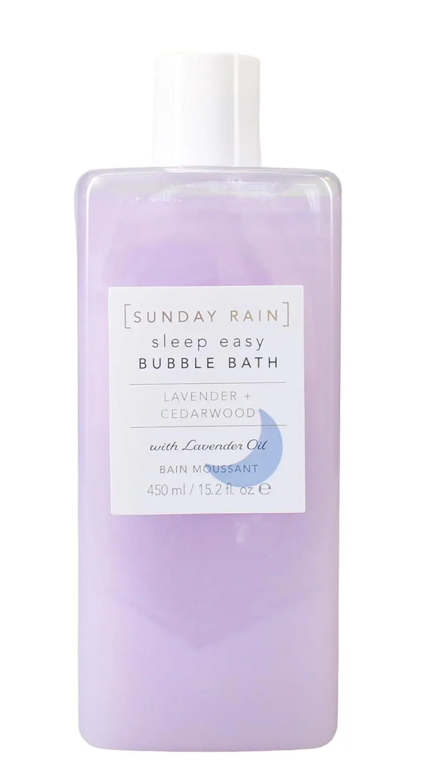 Sunday Rain Sleep Easy bubble bath with lavender and cedarwood provides a calming and moisturizing vegan bath soak for deep relaxation.
