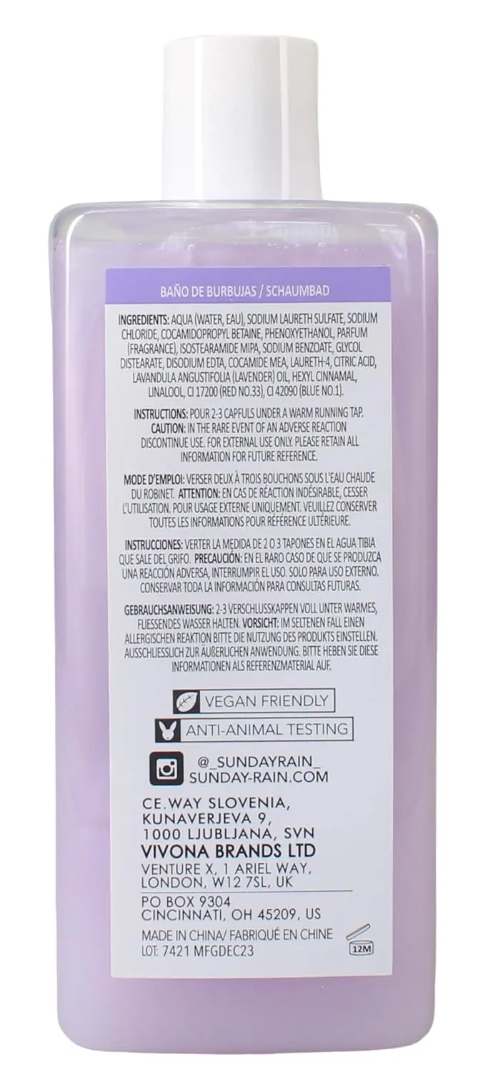 Sunday Rain Sleep Easy bubble bath with lavender and cedarwood provides a calming and moisturizing vegan bath soak for deep relaxation.