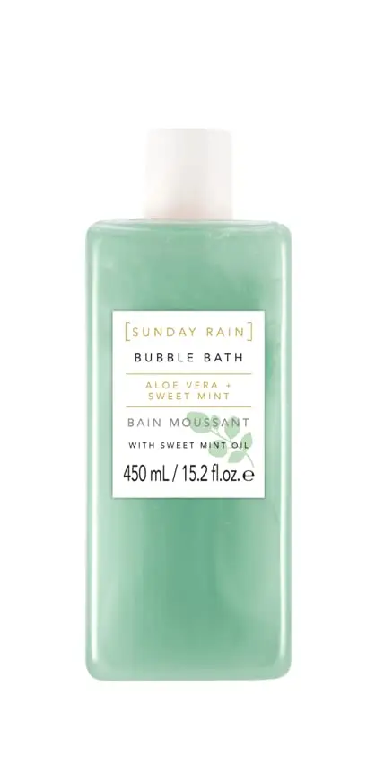 Sunday Rain Sleep Easy bubble bath with lavender and cedarwood provides a calming and moisturizing vegan bath soak for deep relaxation.