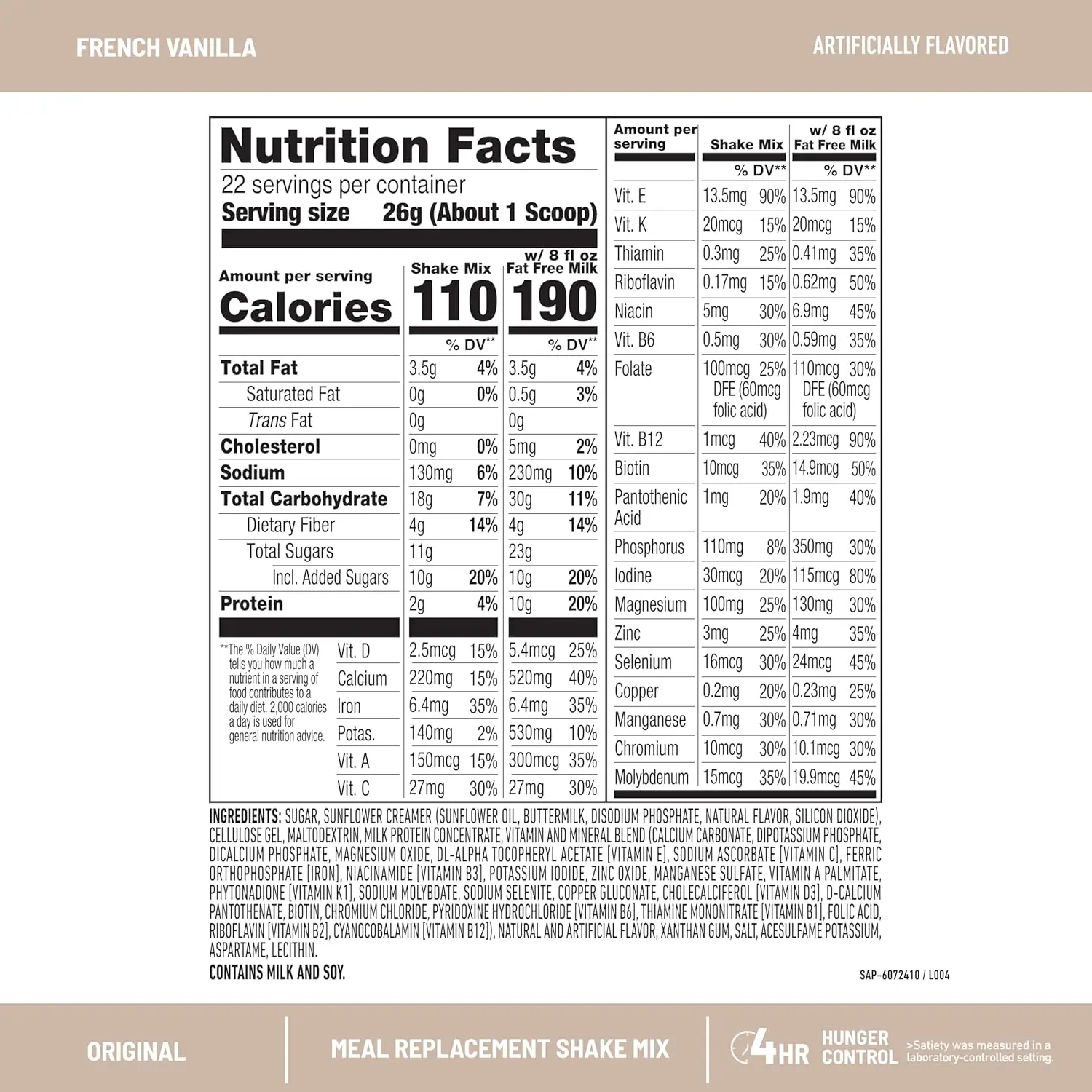 SlimFast French Vanilla shake mix powder provides 10g of protein, 4g of fiber, and 24 essential vitamins and minerals for a delicious meal replacement and hunger control.