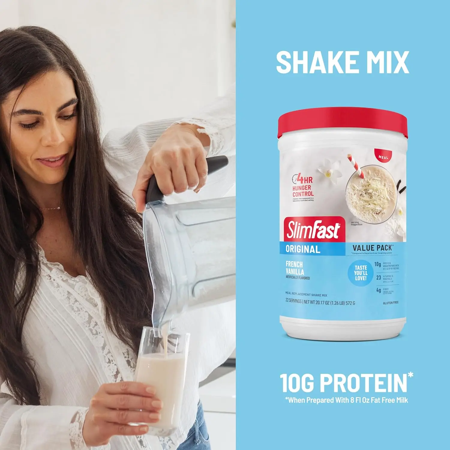 SlimFast French Vanilla shake mix powder provides 10g of protein, 4g of fiber, and 24 essential vitamins and minerals for a delicious meal replacement and hunger control.