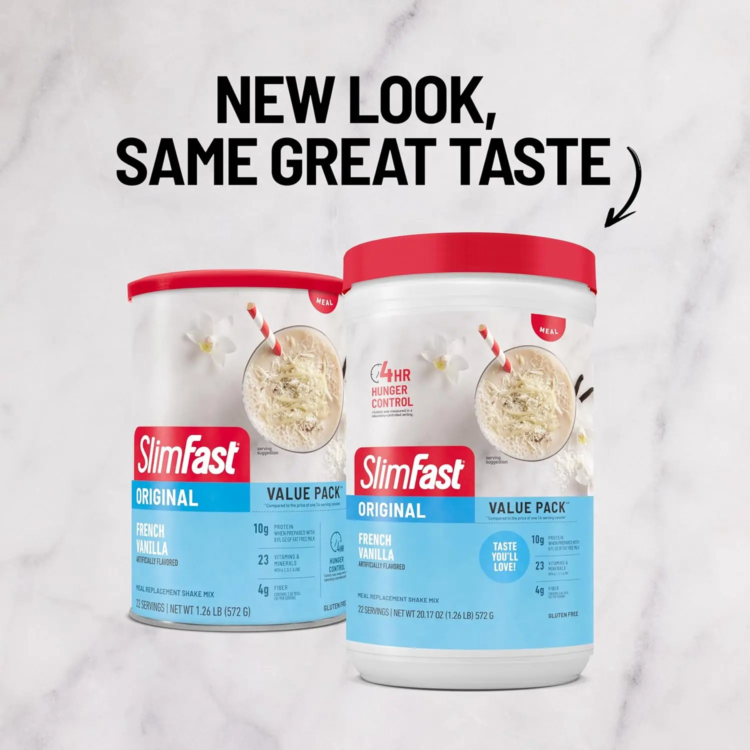 SlimFast French Vanilla shake mix powder provides 10g of protein, 4g of fiber, and 24 essential vitamins and minerals for a delicious meal replacement and hunger control.