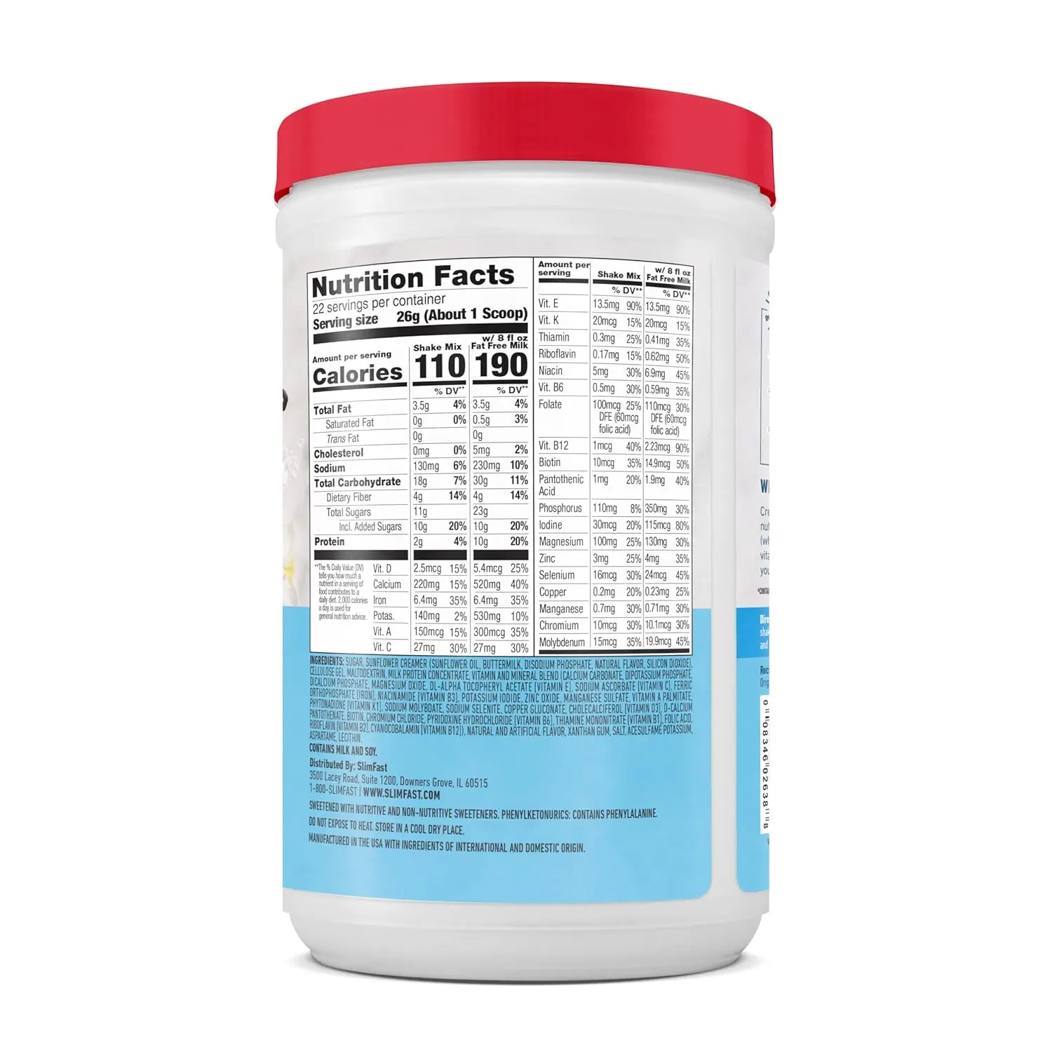 SlimFast French Vanilla shake mix powder provides 10g of protein, 4g of fiber, and 24 essential vitamins and minerals for a delicious meal replacement and hunger control.