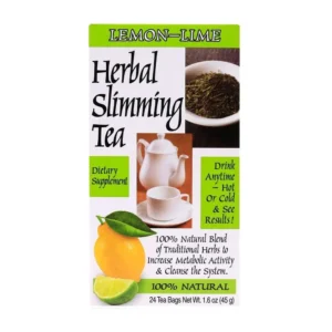 Box of 21st Century Slimming Tea in Lemon Lime flavor, a natural herbal beverage to boost metabolism, aid digestion and support weight loss by eliminating excess calories and toxins.