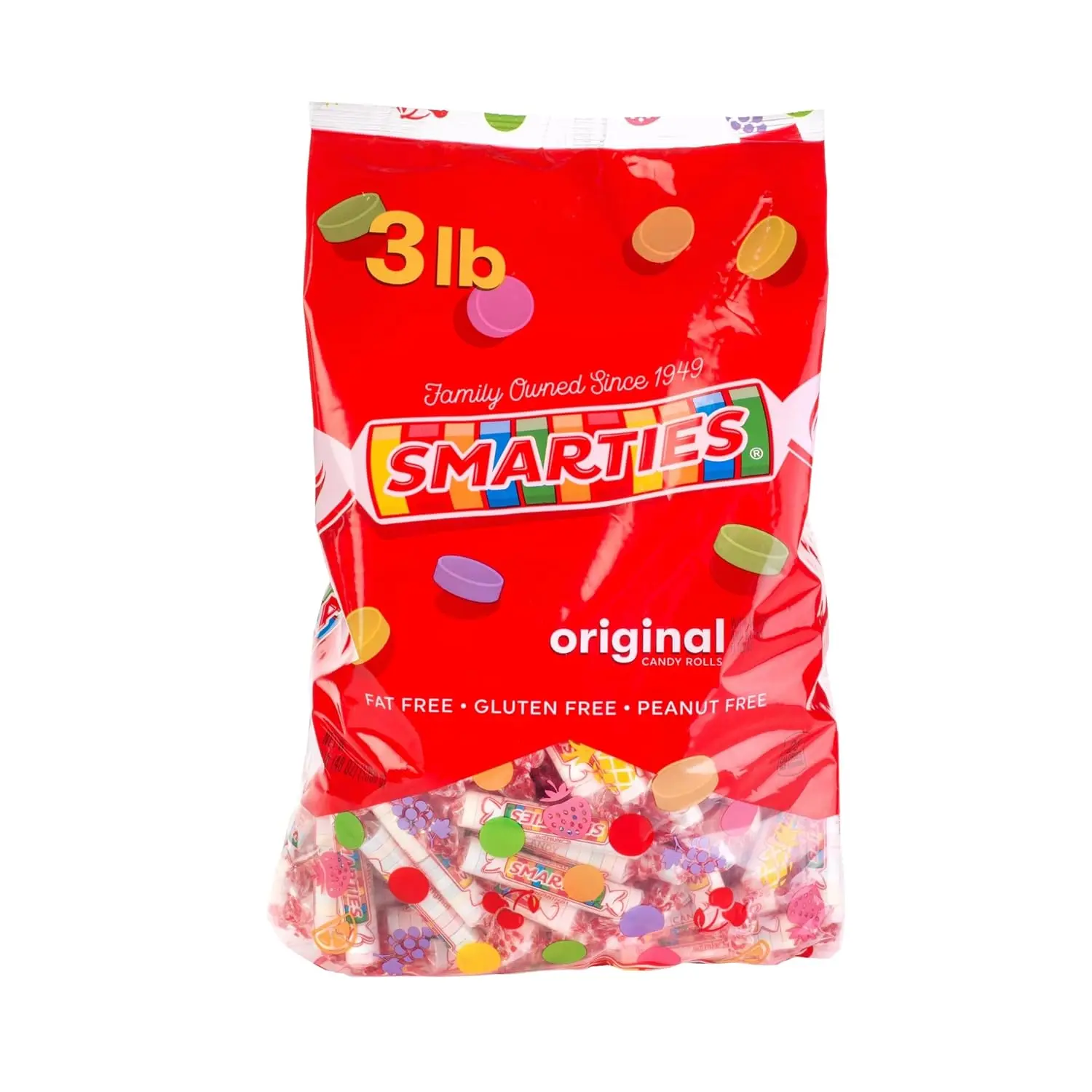 A 48 ounce resealable bag of Smarties candy rolls, individually wrapped and containing only 25 calories per roll, made with dextrose and natural and artificial flavors.