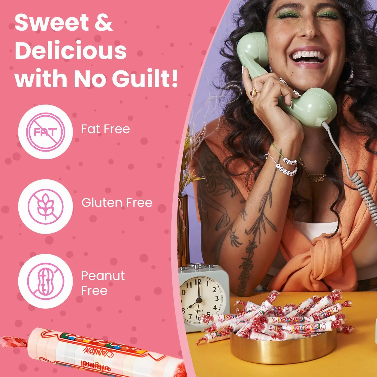 A 48 ounce resealable bag of Smarties candy rolls, individually wrapped and containing only 25 calories per roll, made with dextrose and natural and artificial flavors.