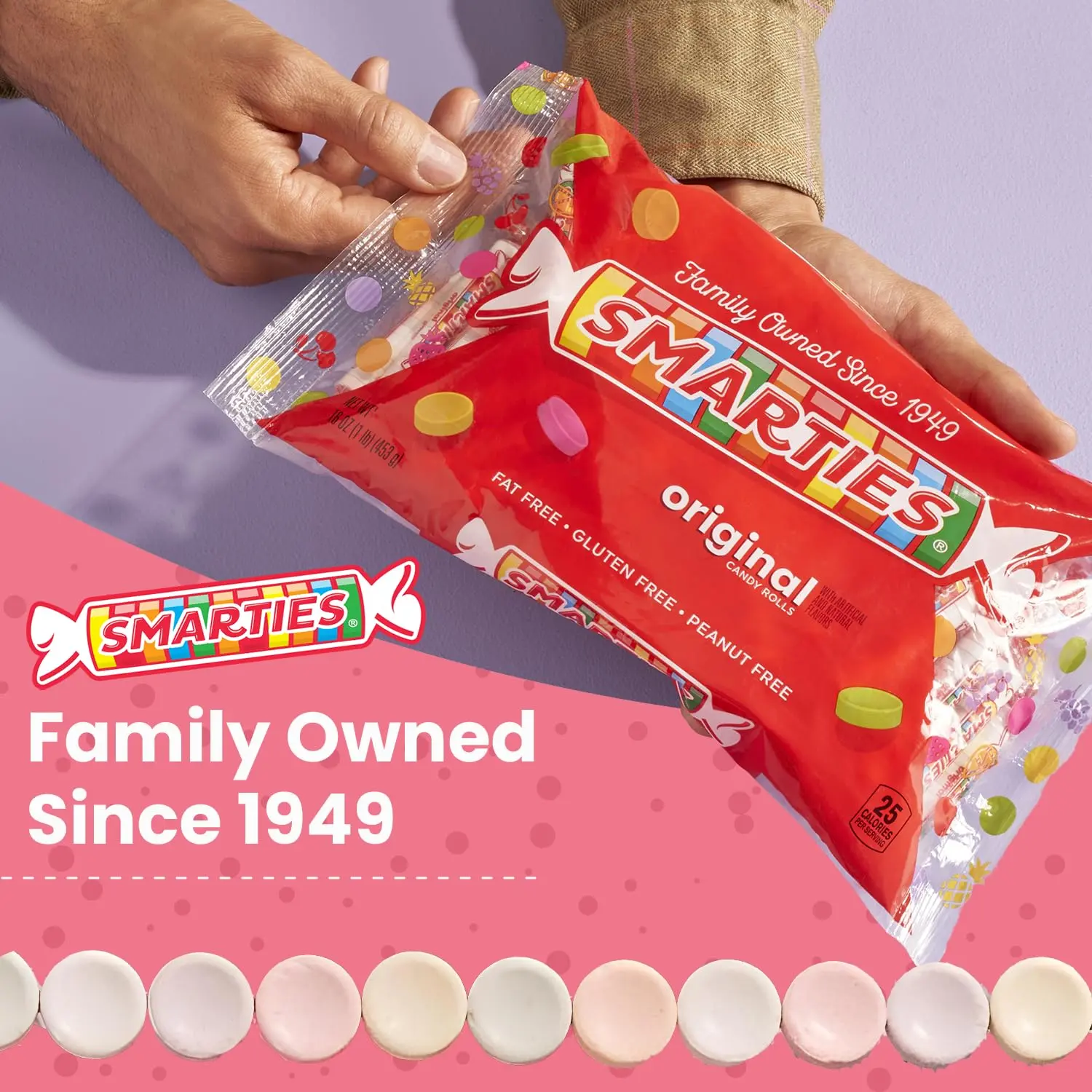 A 48 ounce resealable bag of Smarties candy rolls, individually wrapped and containing only 25 calories per roll, made with dextrose and natural and artificial flavors.