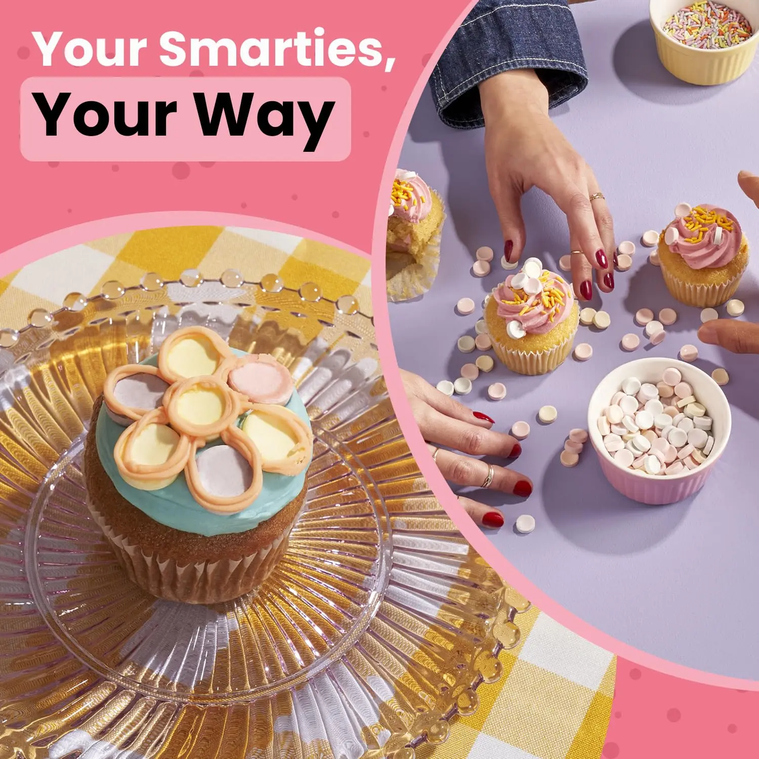 A 48 ounce resealable bag of Smarties candy rolls, individually wrapped and containing only 25 calories per roll, made with dextrose and natural and artificial flavors.