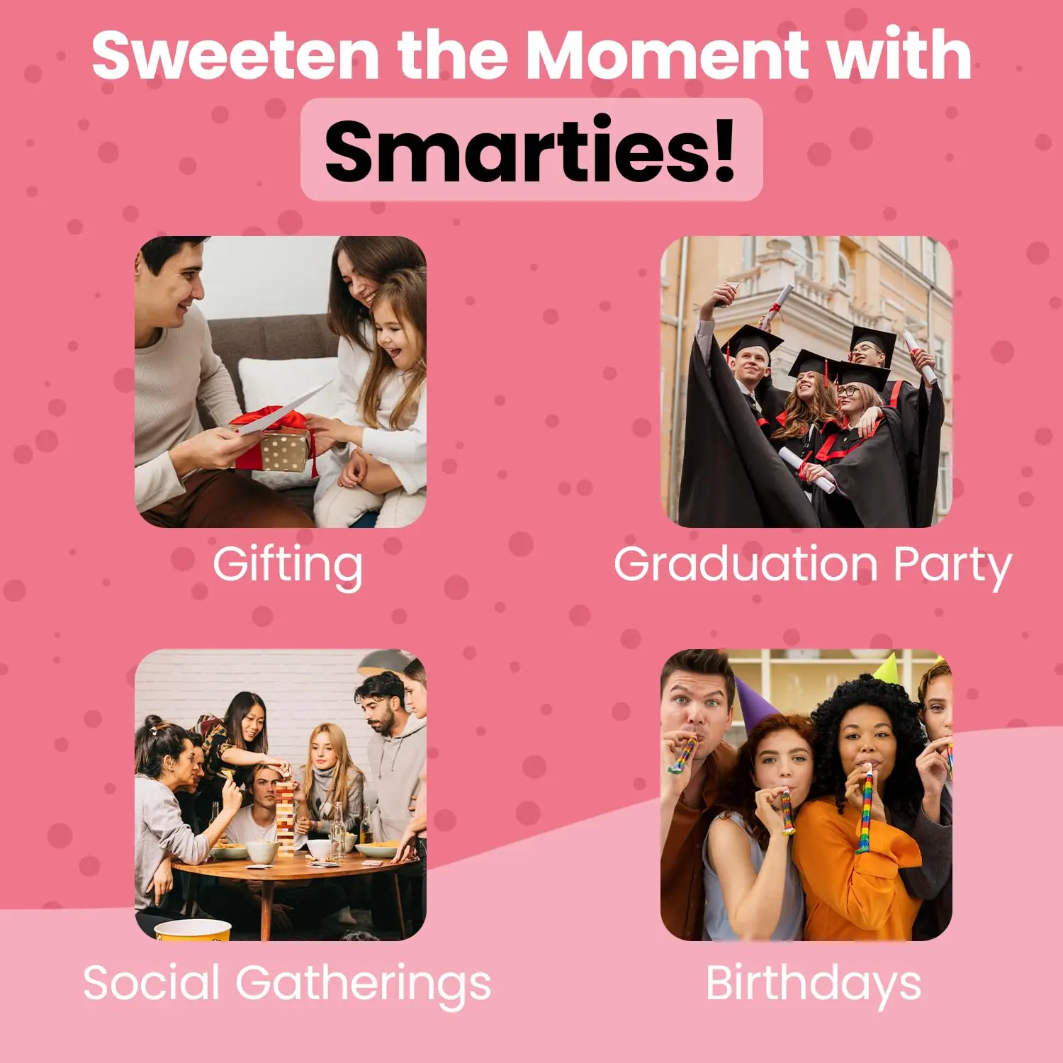 A 48 ounce resealable bag of Smarties candy rolls, individually wrapped and containing only 25 calories per roll, made with dextrose and natural and artificial flavors.