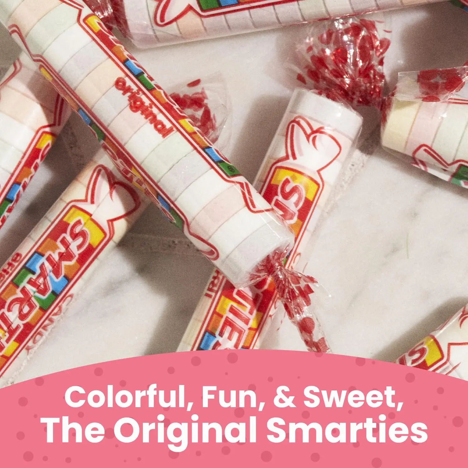A 48 ounce resealable bag of Smarties candy rolls, individually wrapped and containing only 25 calories per roll, made with dextrose and natural and artificial flavors.