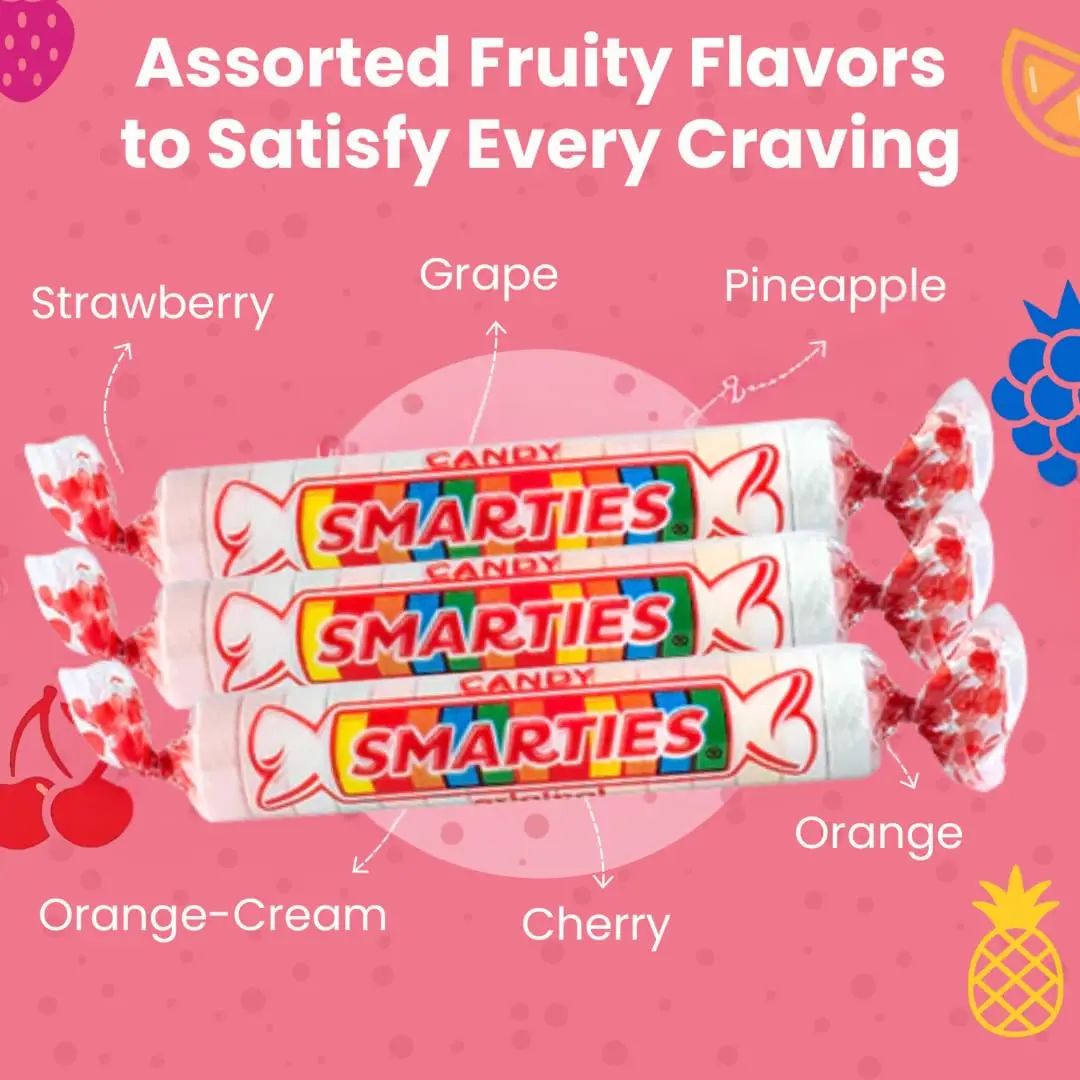 A 48 ounce resealable bag of Smarties candy rolls, individually wrapped and containing only 25 calories per roll, made with dextrose and natural and artificial flavors.