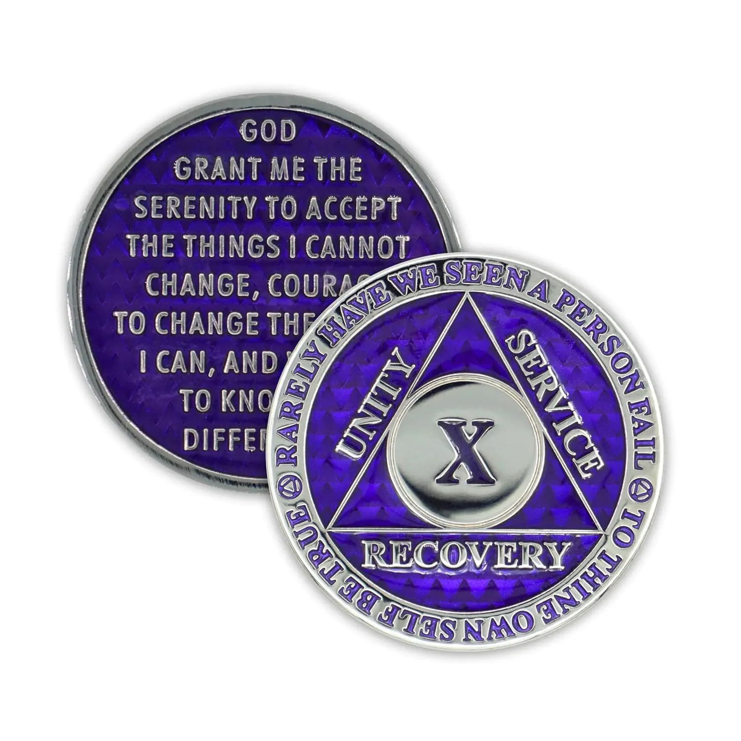 This purple and gold 10 year AA sobriety chip features the three legacies, Serenity Prayer, Chapter 5 of "How it Works," and "To Thine Own Self be True."